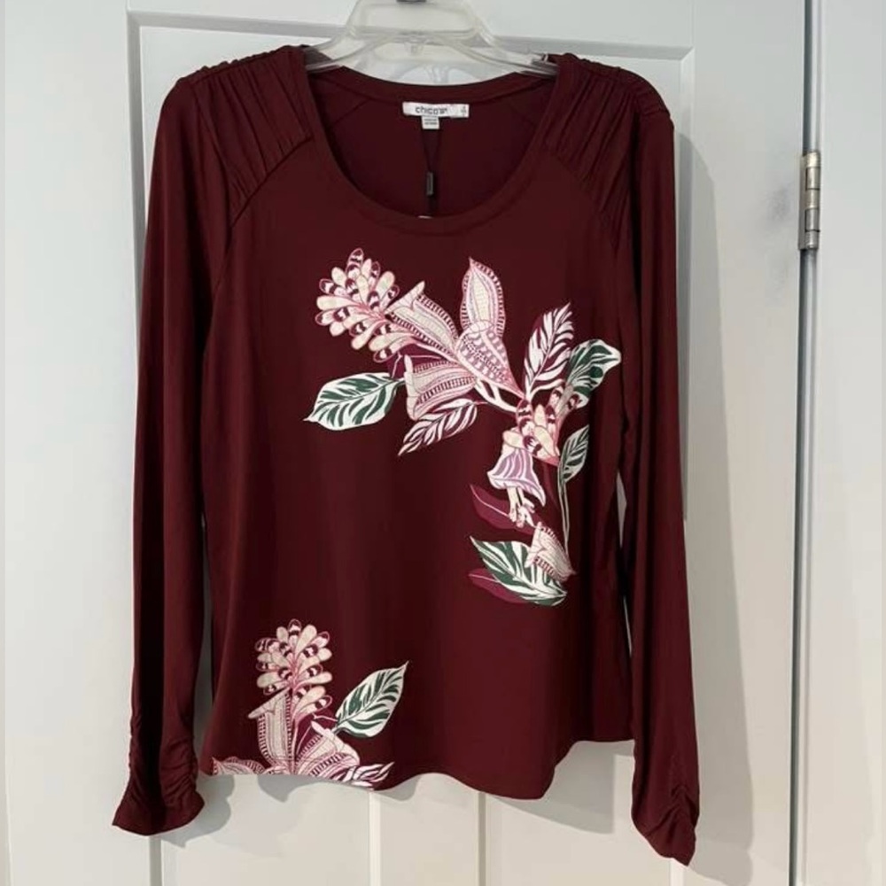 CHICOS TOUCH OF COOL GATHERED SLEEVE FLORAL TOP CHICOS 2 MISSES MEDIUM/12 NWT! - Picture 4 of 7